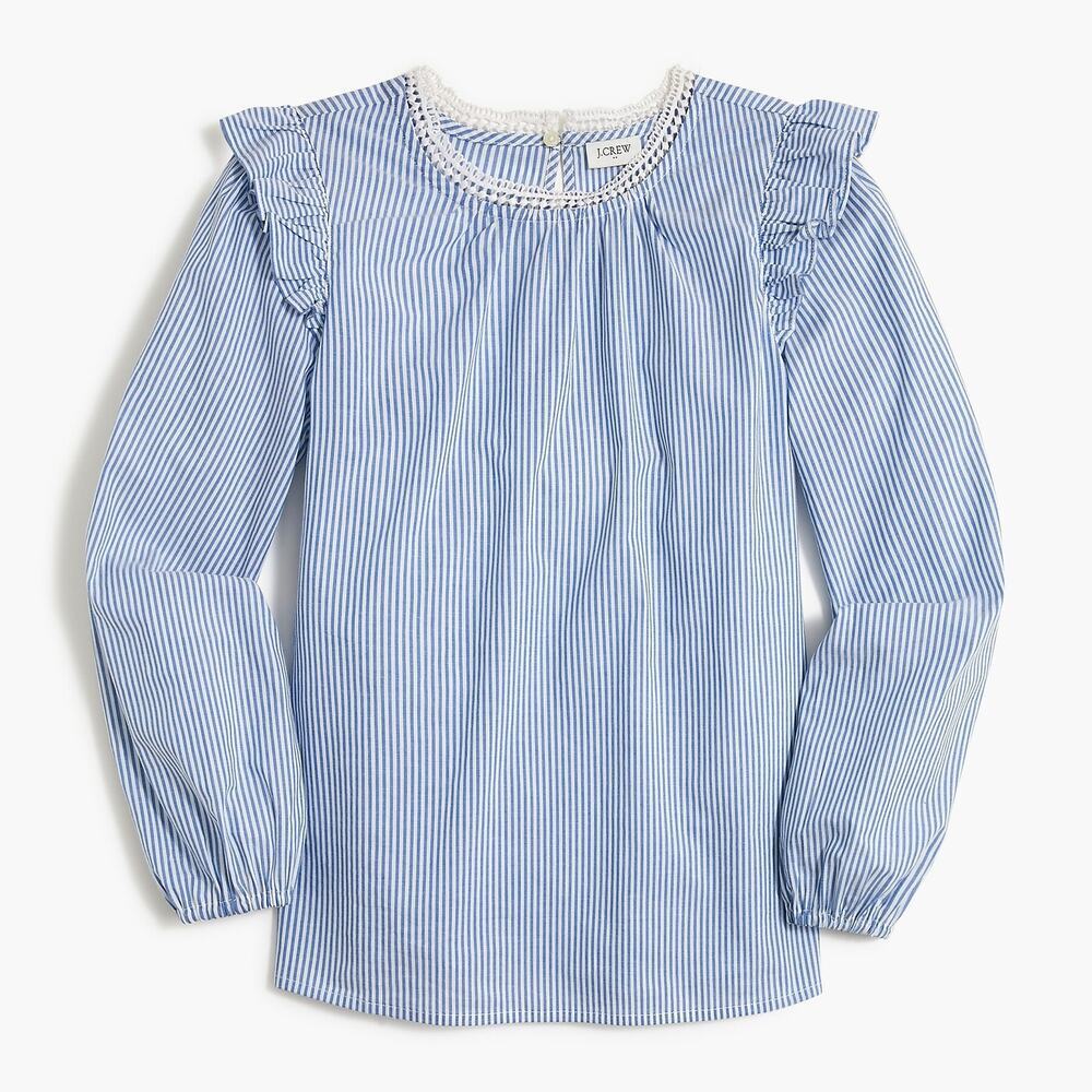 J. Crew Striped Long-Sleeve Ruffle-Shoulder Blouse Top Banker Blue White Medium